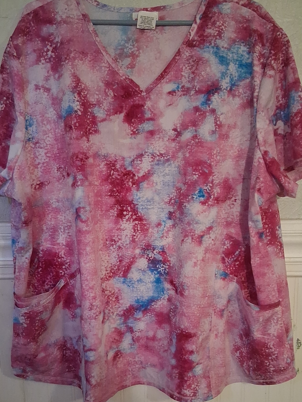 Scrubstar Pink and Blue Tie-Dye V-Neck Scrub Top